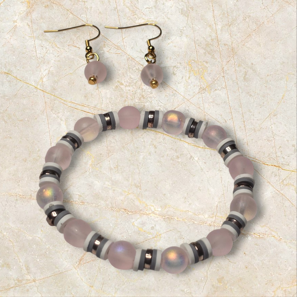 Elegant Pink Beaded Bracelet and Earring Set